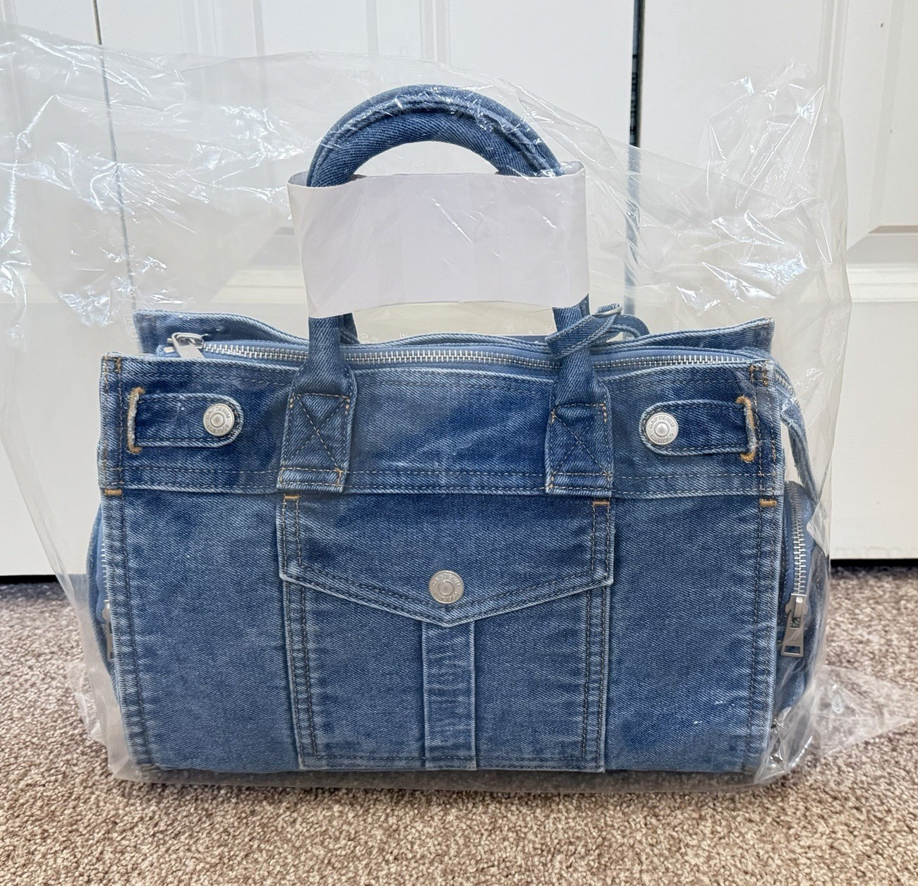GAP Blue Satchel Top Handle Bag Zip Closure Silver Hardware Inner Pockets