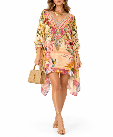 Camilla x White Lotus Silk Crystal Embellished Tropical Floral Kaftan Dress O/S