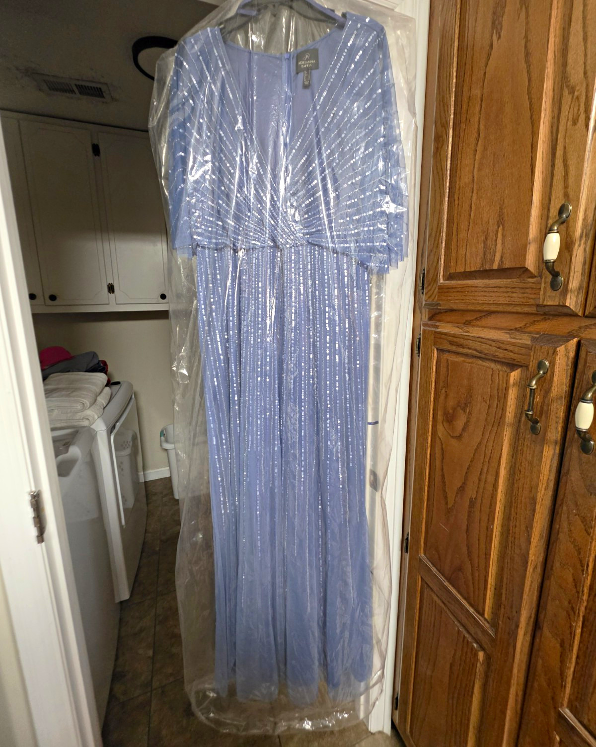 Adrianna Papell French Blue Sequin V-Neck Mesh Overlay Formal Dress