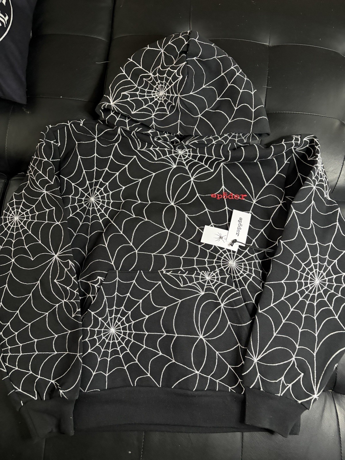 sp5der S Cotton Pullover Hoodie Black/White Spiderweb Spider Authentic