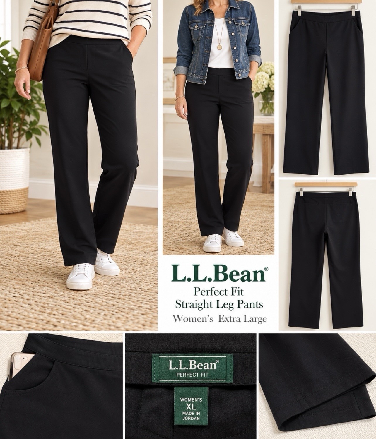 NWT L.L. Bean Perfect Fit Straight Leg Pants Black Women\'s XL Reg Athleisure