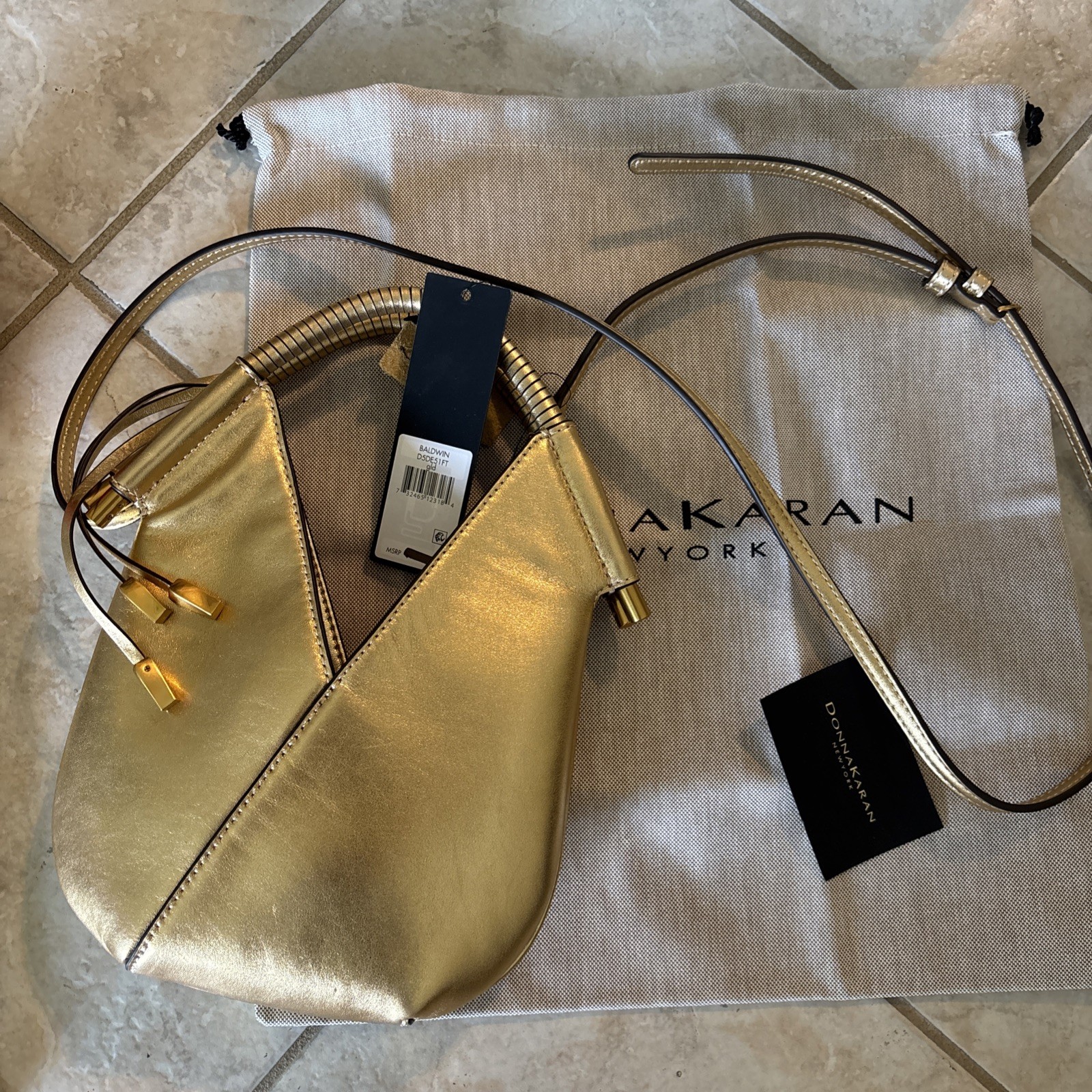 New w/ tags HTF Donna Karan Metallic Gold Baldwin Micro Crossbody Bag dust bag 