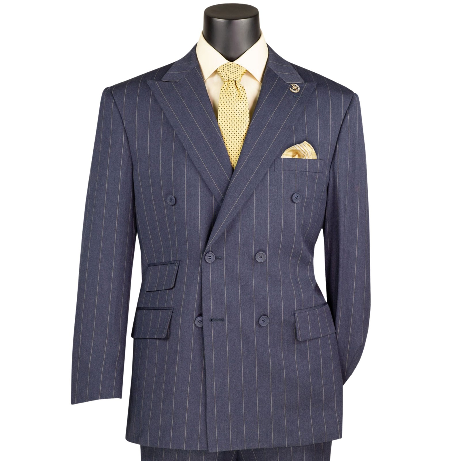 VINCI Men's Denim Blue Wide Stripe Double Breasted 6 Button Reg Fit Suit - NEW