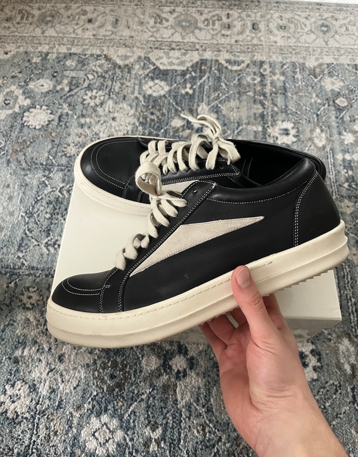 Rick Owens Leather Low Top Lace-Up Sneakers Black/White EU 46 6104897