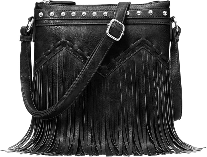 Sunwel Fashion Fringe Crossbody Bag with Rivets Western Purse Medium, Black 