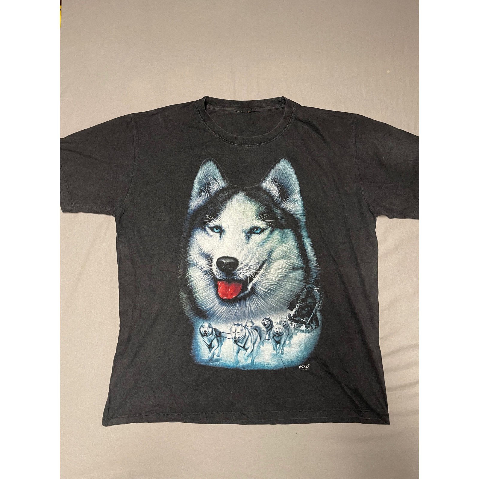 Vintage Wild Cotton Husky Dog Sled Graphic T-Shirt Black XL Double Sided Print