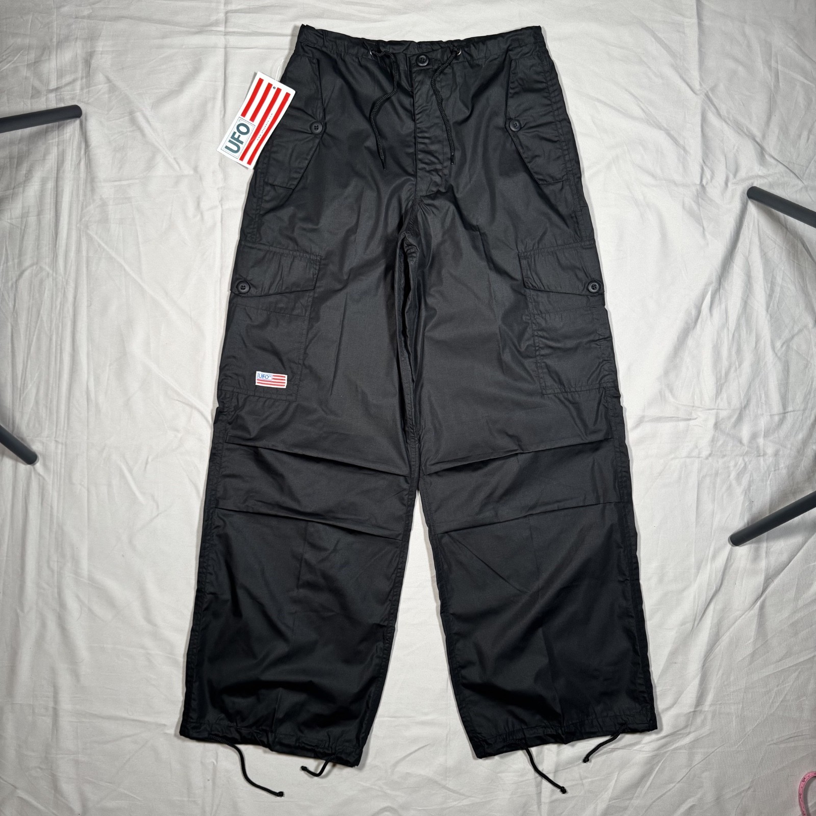 Deadstock Vintage UFO Parachute Cargo Baggy Wide Black Pants Oversized