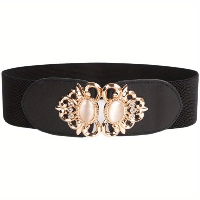 Elegant Vintage Metal Buckle Elastic Belt for Women Wide Waistband for Dresses