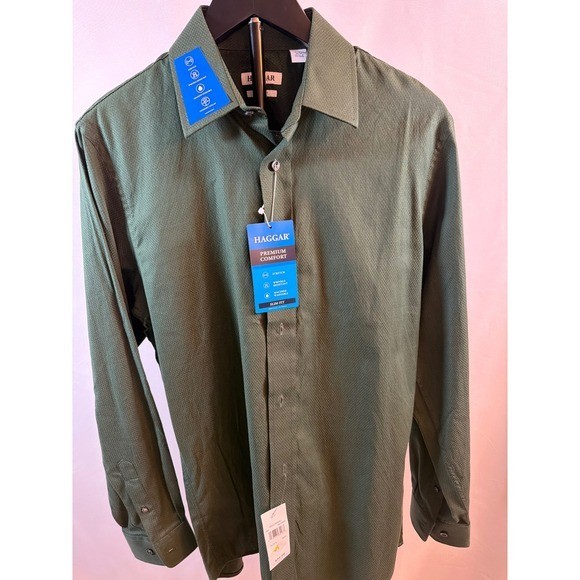 Haggar Premium Comfort Slim Fit Dress Shirt Olive Green Textured 15-15.5 34/35