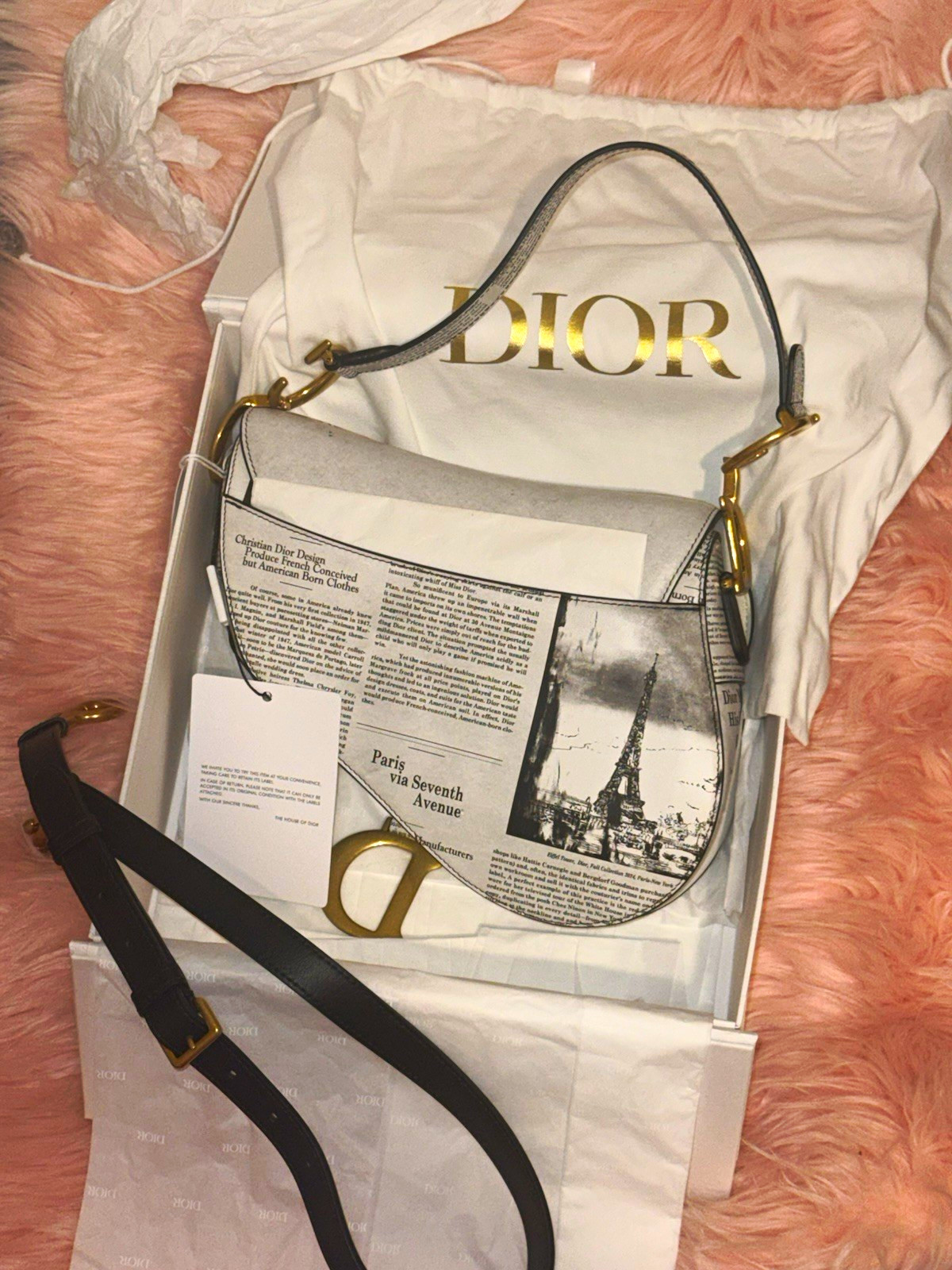 Dior White Black Leather Newspaper Print Saddle Bag Gold Hardware Zipper Strap