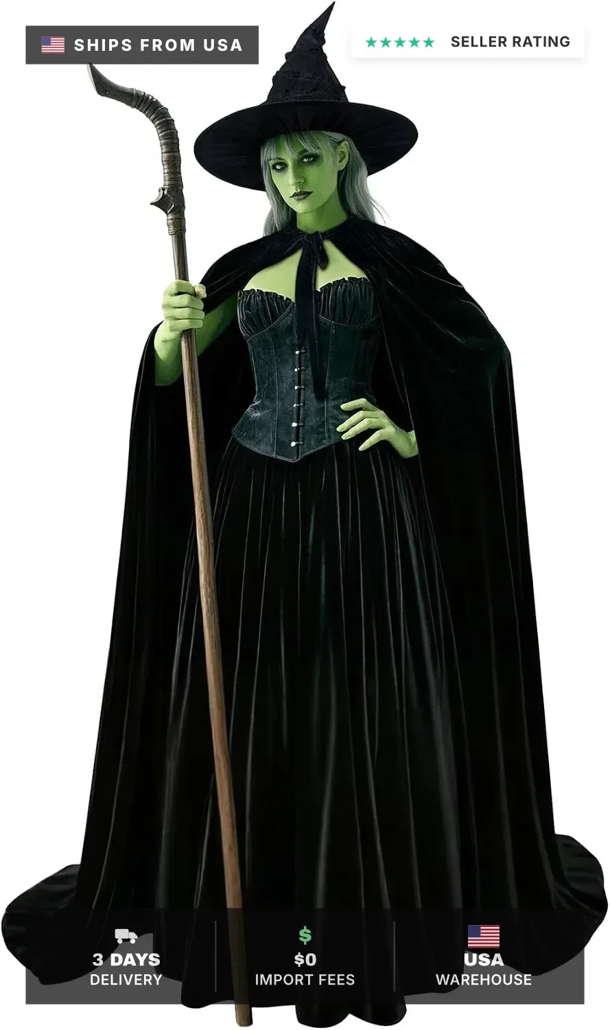 Velvet Witch Cape and Pointed Hat Wicked Witch Costume for Women