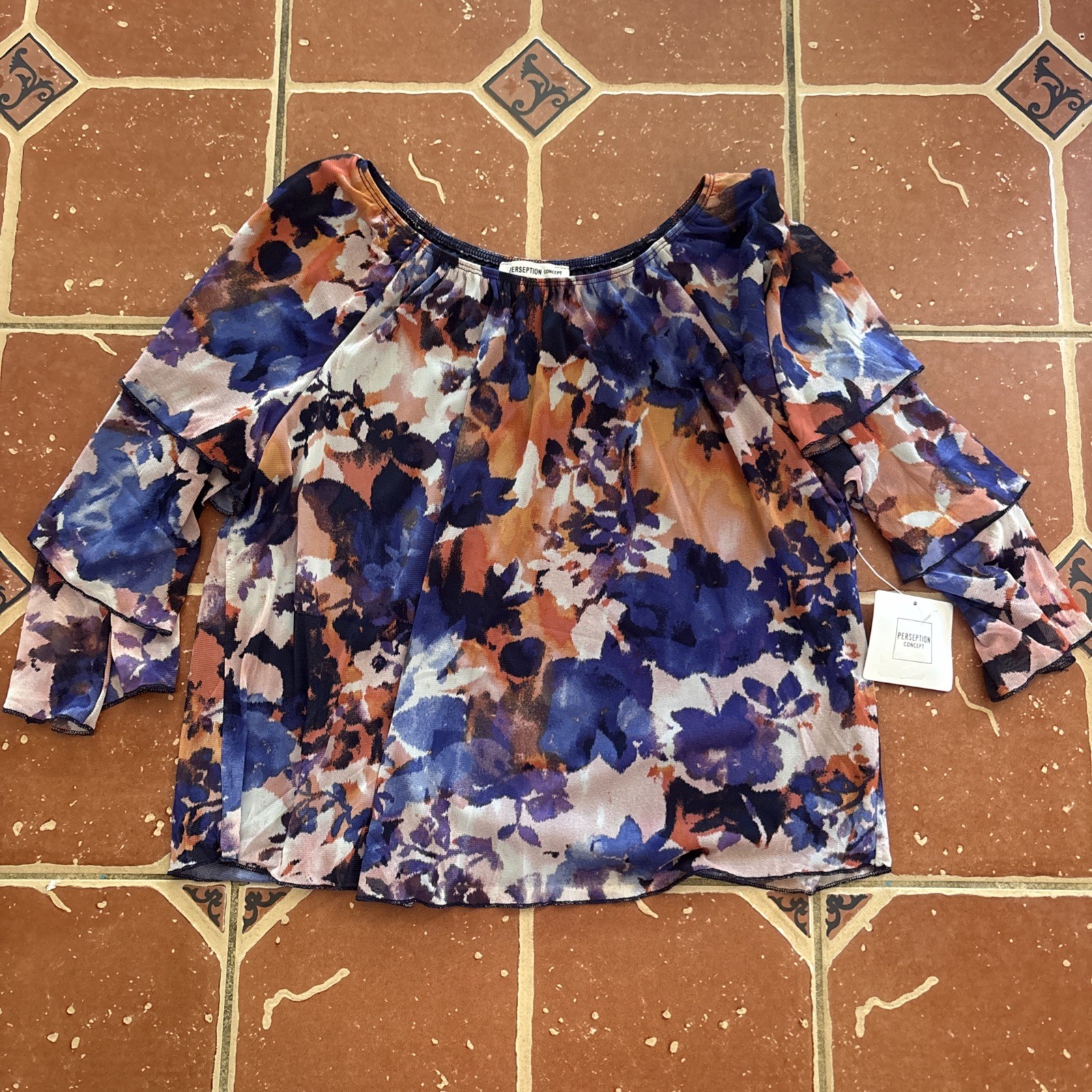 Perception Concept Blue Purple Orange White Floral Scoop Neck Ruffle Sleeve S