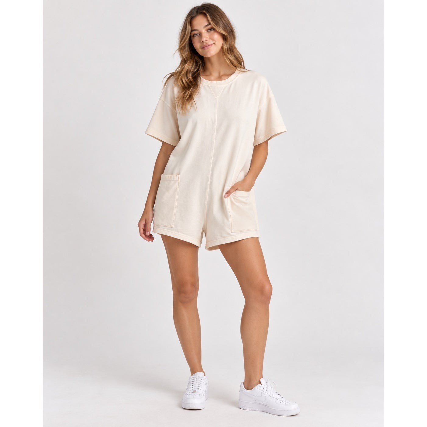 FP Movement Hot Shot Romper Womens S Ivory Cream V Neck Pockets Free People