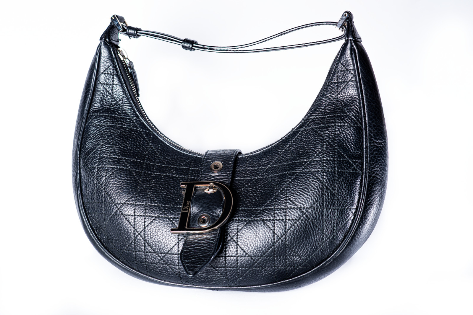 Christian Dior Black Cannage Leather Hobo Shoulder Bag D Buckle
