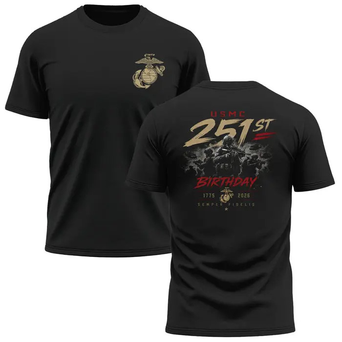 USMC 251st Marine Birthday 1775-2026 T Shirt Semper Fidelis Combat Graphic