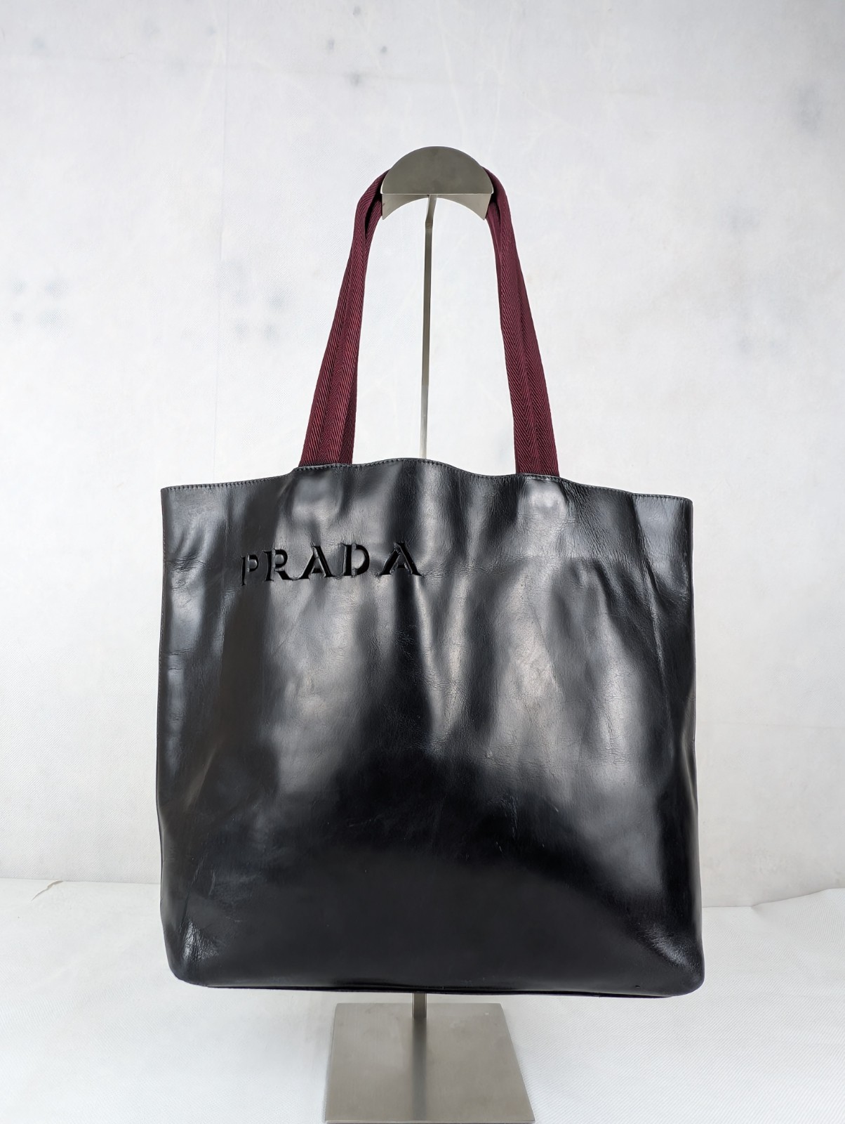 Vintage Prada Spazzolato Laser Cut Logo Tote Black Leather Bag Made in Italy