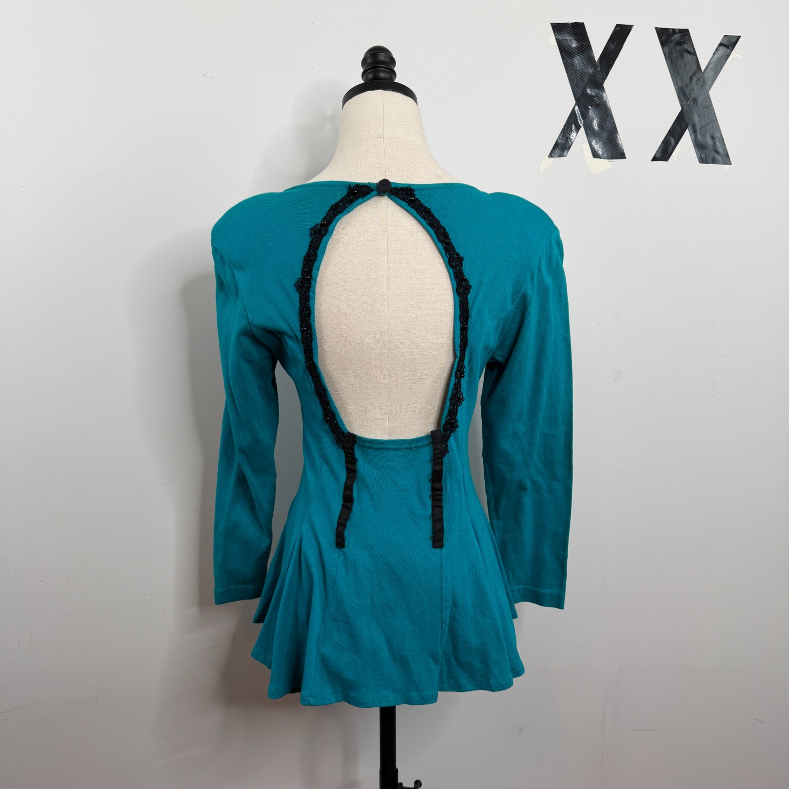 Vintage 90s Contempo Casuals Teal Open Back Beaded Trim Peplum Top M