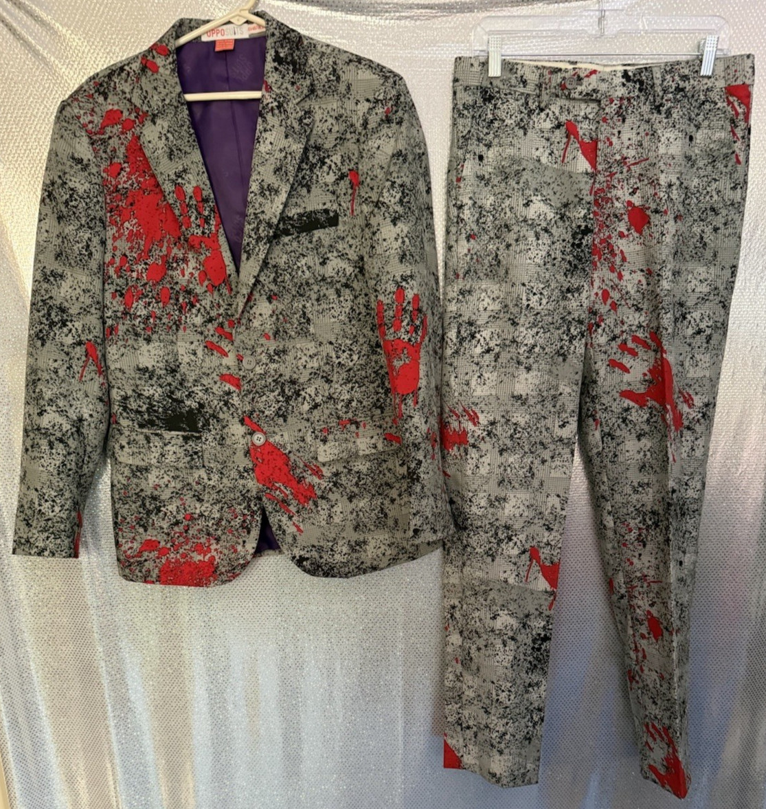 Opposuits Suit Mens Sz 36 Gray Blood Splatter Halloween Jacket Pants Party