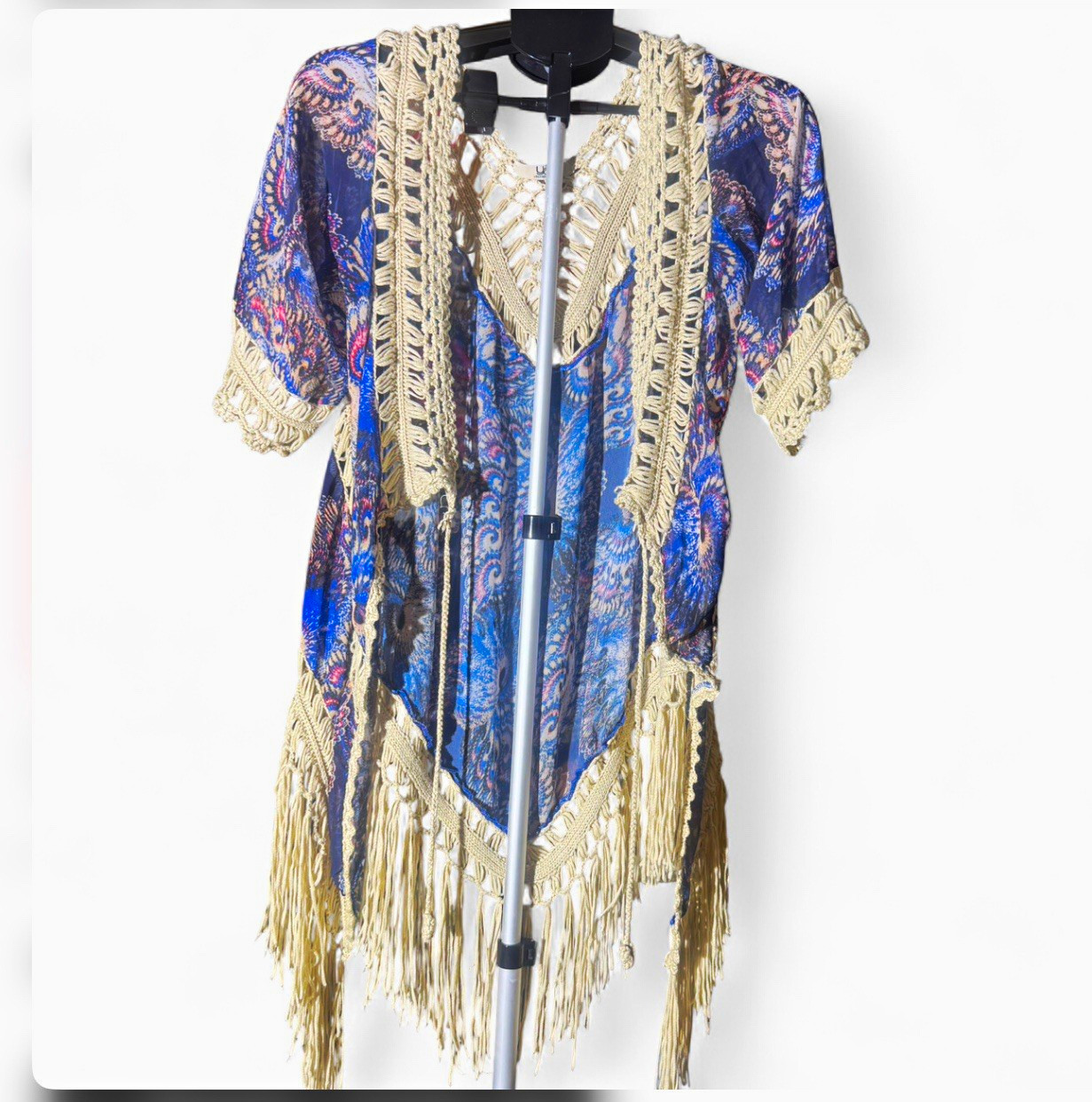 YA Los Angeles Women’s Blue Paisley Crochet Fringe Open Front Kimono One Size