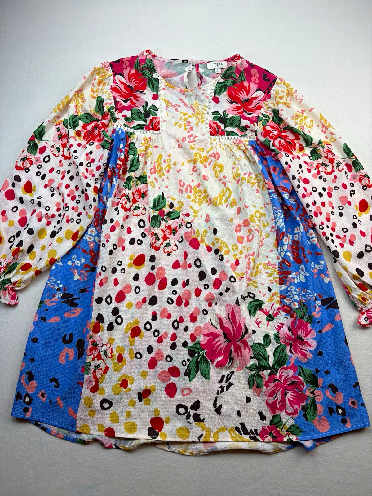 Umgee USA Womens Size L Boho Floral Leopard Print Tunic Balloon Sleeve Dress