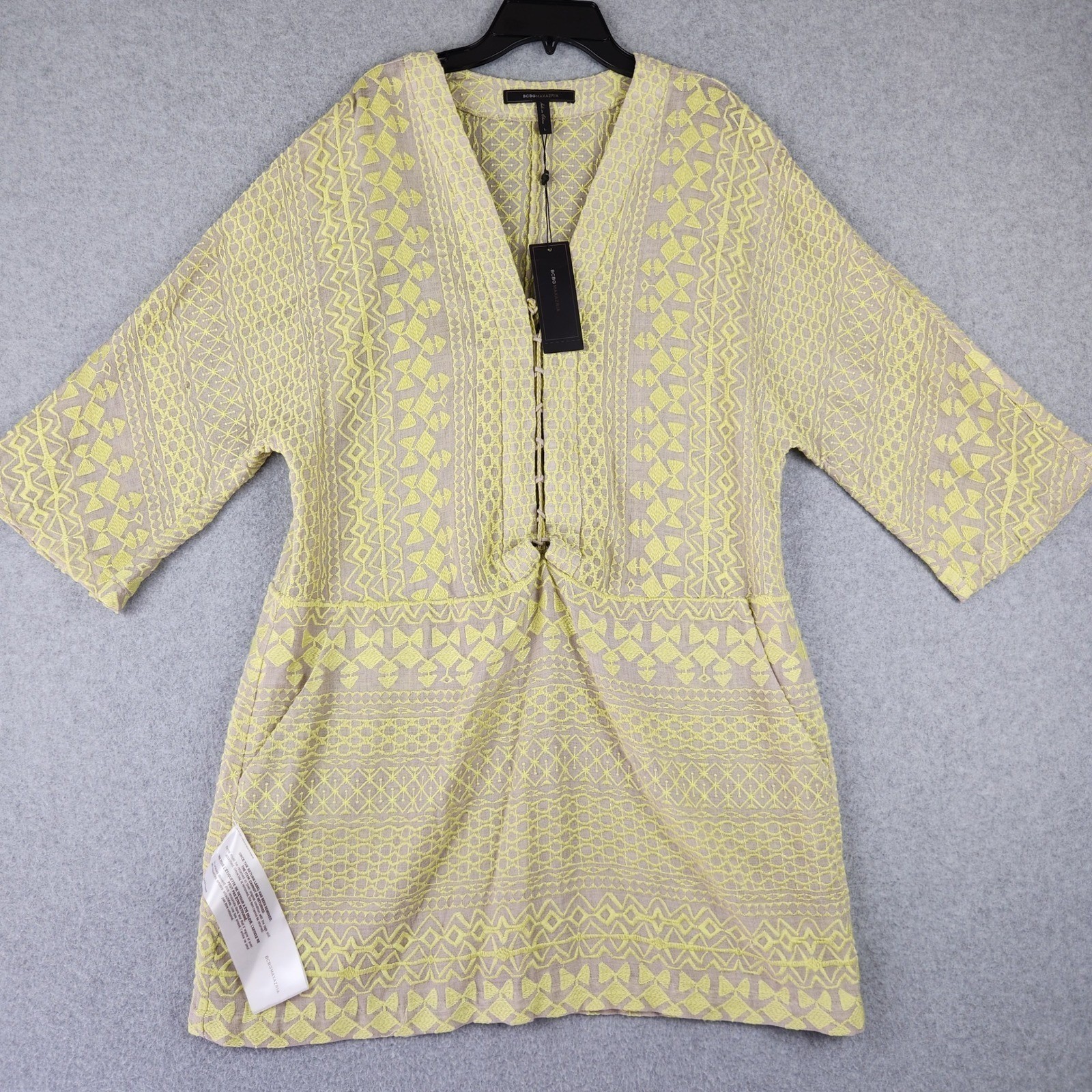 NWT BCBGMAXAZRIA Tunic Dress Women\'s Sz L Yellow Lace Up Embroidered V-Neck Mini