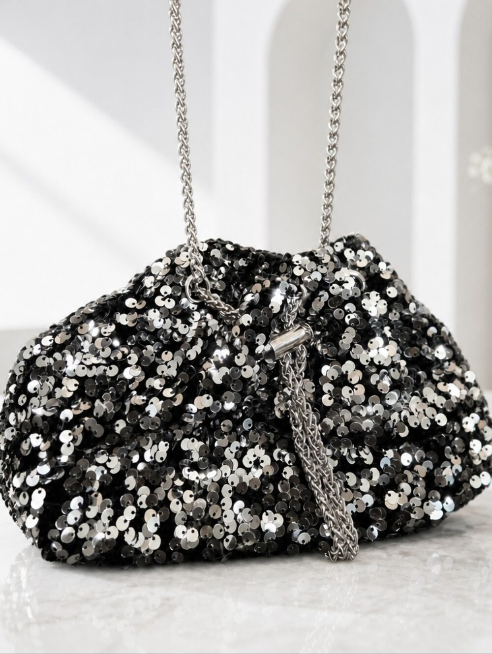 Black and Silver Sequin Chain Shoulder Bag Crossbody Purse