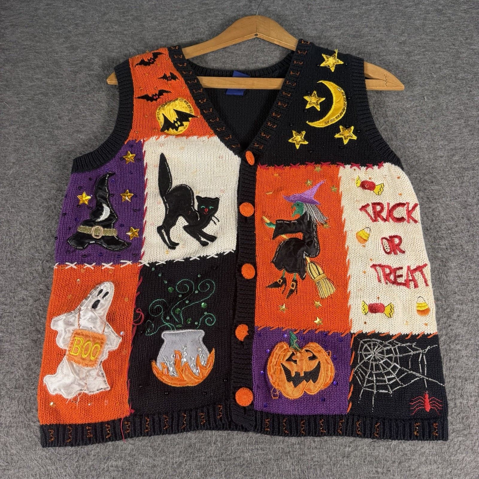 Vintage Halloween Embellished Embroidered Patchwork Cat Pumpkin Sweater Vest S