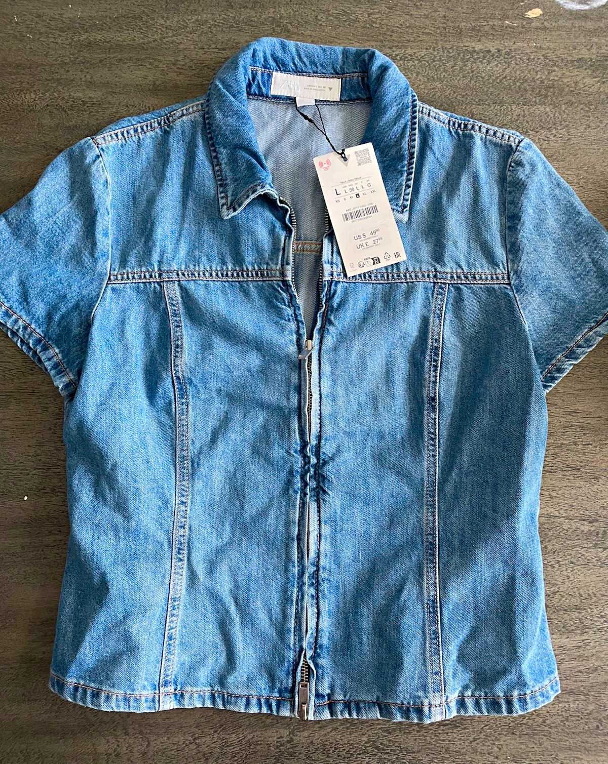 ZARA Women\'s Blue Denim Full Zip Up Short Sleeve Top Size L Regular NWT