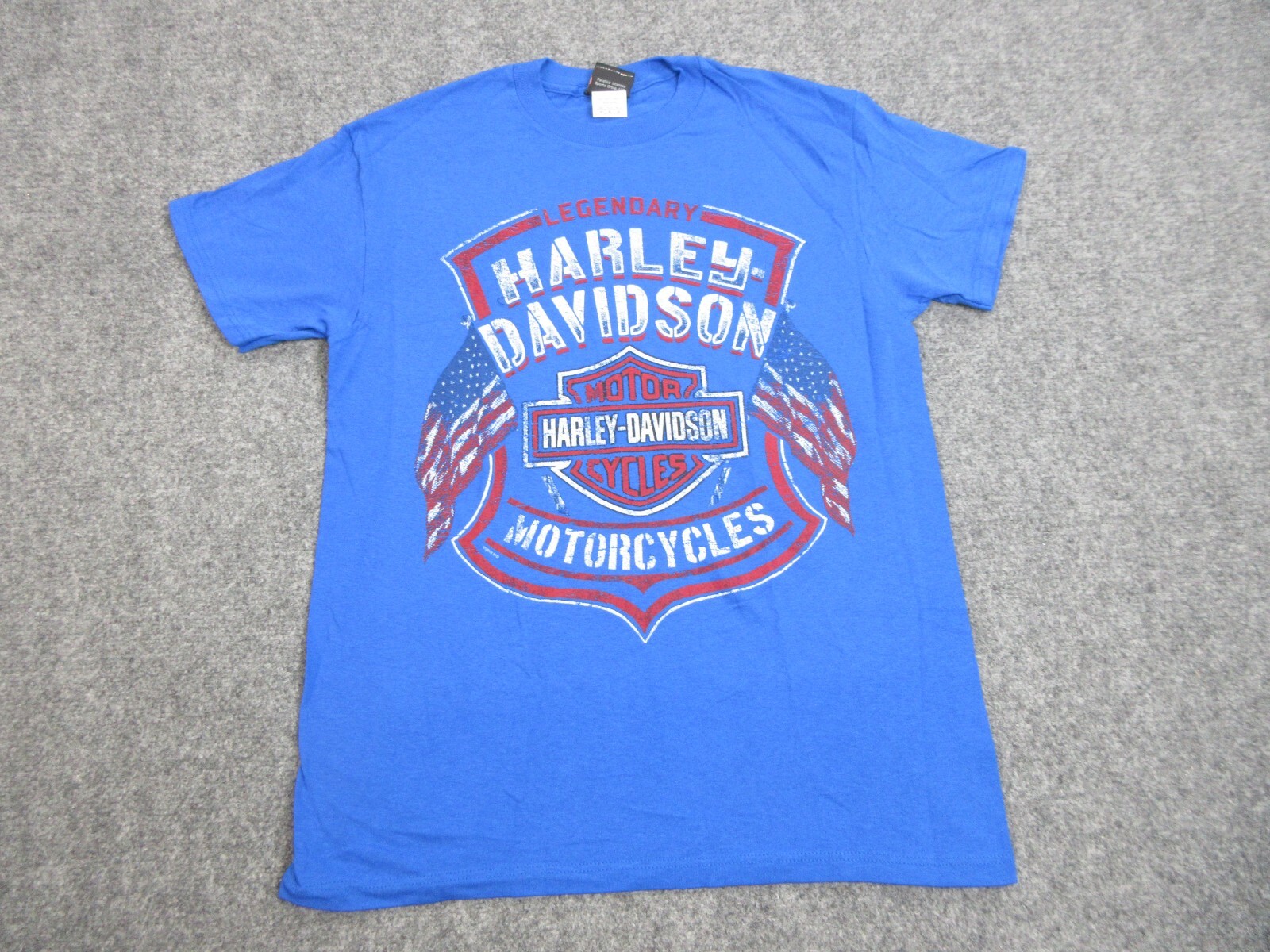Harley Davidson Shirt Mens Medium Blue Flag Patriotic Crew Motorcycle Bike Biker
