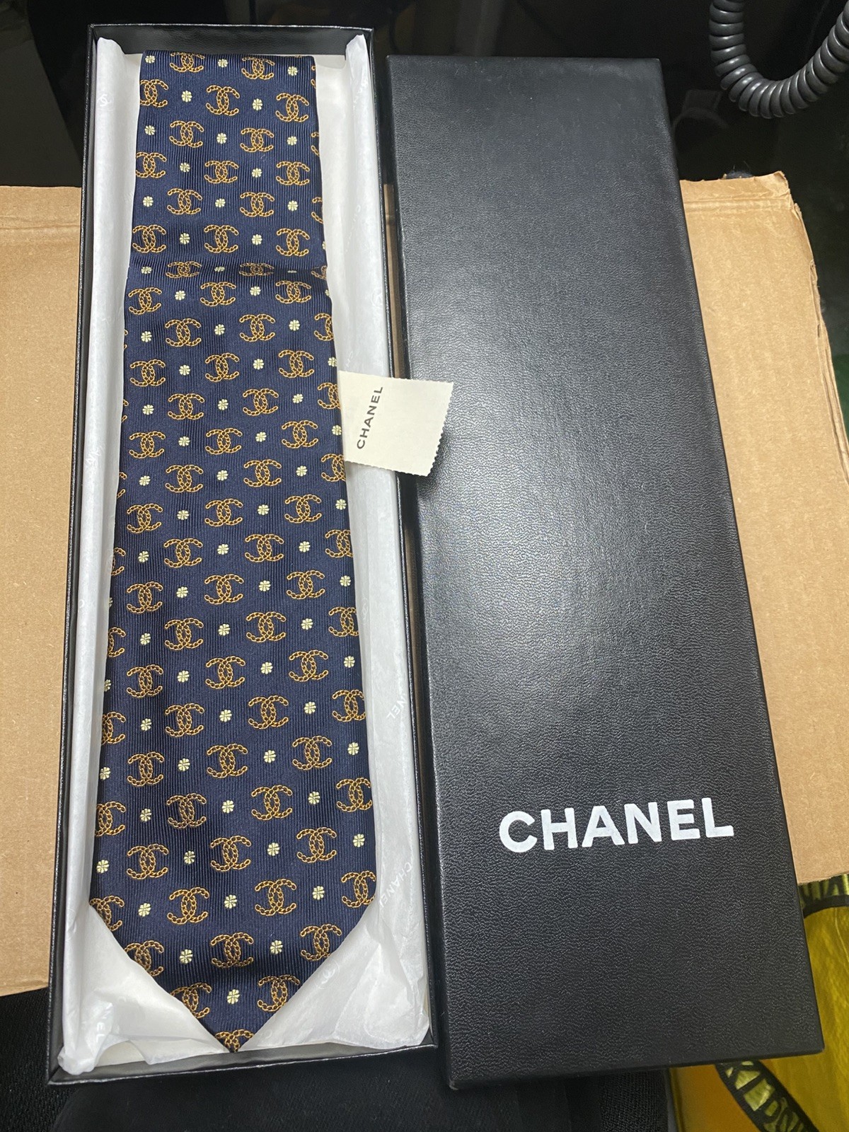 VTG Chanel NEW OLD STOCK 1996 96a blue gold logo chain Tie new box FULL SET