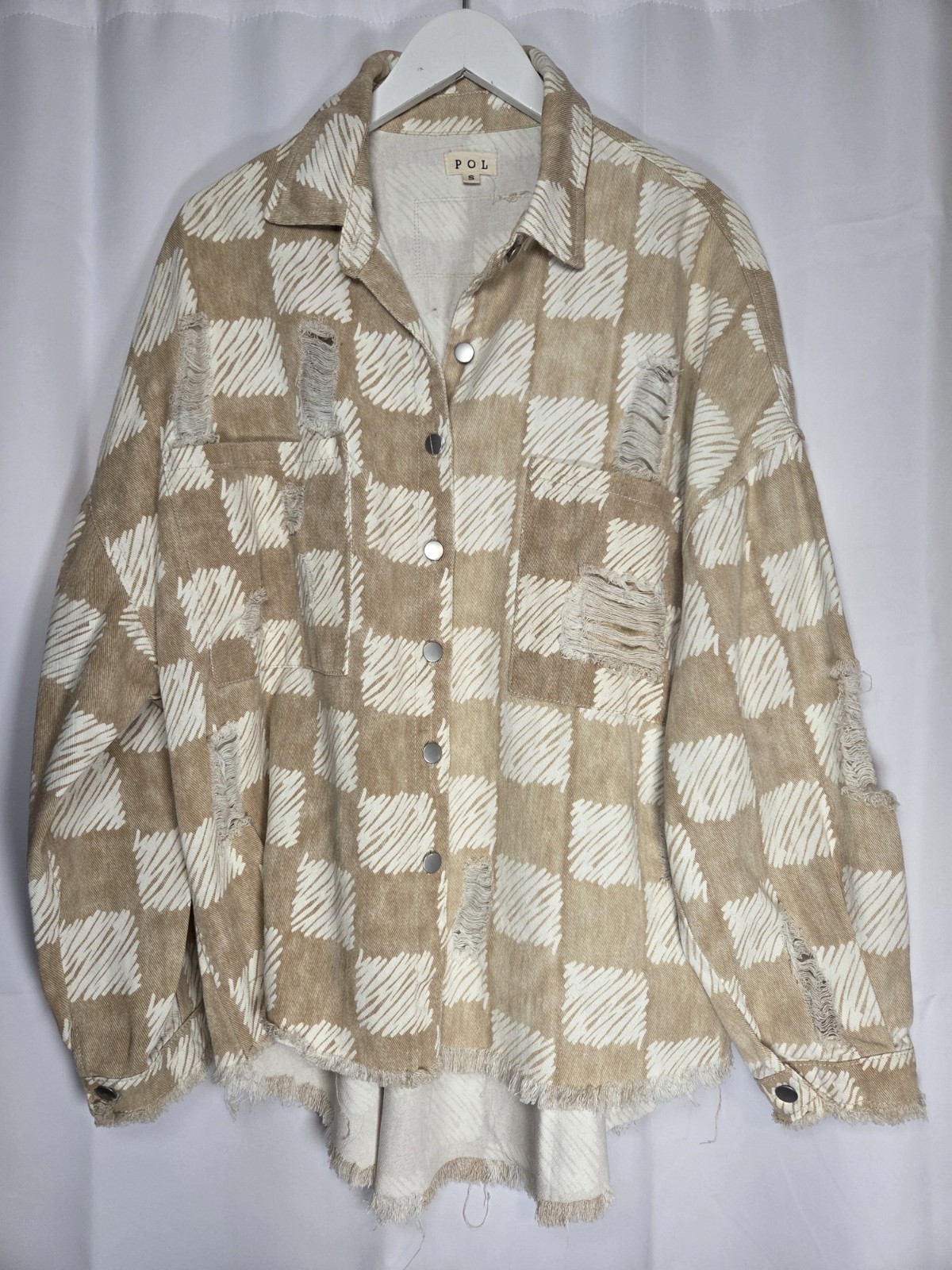 POL Tan Cream Distressed Oversized Denim Shacket Shirt Jacket Women\'s S
