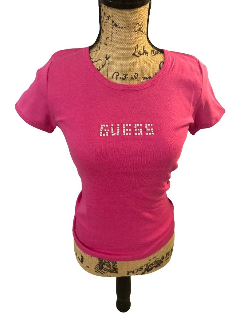 VTG Rare Guess Hot Pink Rhinestone Studded Logo Baby Tee Shirt Size S/M NWT
