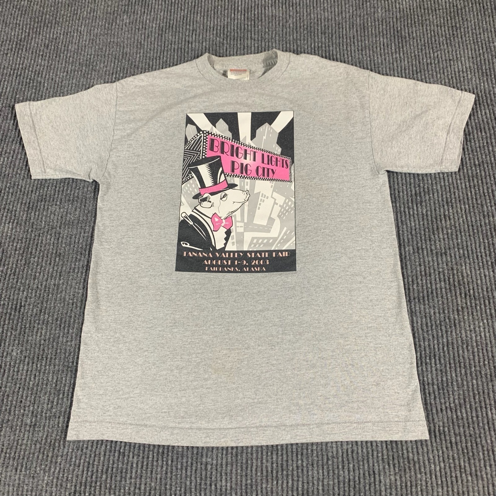 VTG Alstyle Apparel T Shirt Adult Medium Gray Bright Lights Pig CIty Alaska Y2K