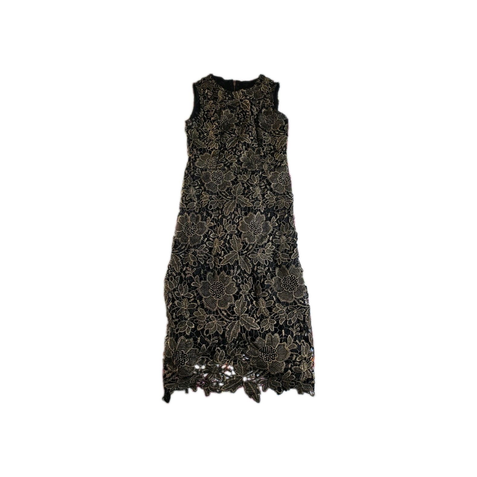 Gold metallic floral guipure / crochet lace sheath dress ( sleeveless with full