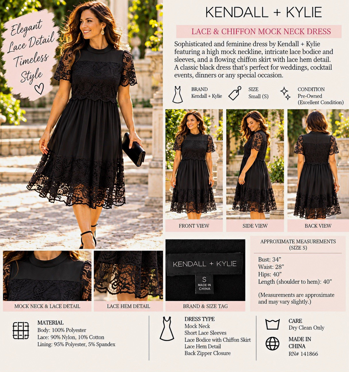 Kendall + Kylie Black Lace Mock Neck A-Line Midi Dress Lined Size S