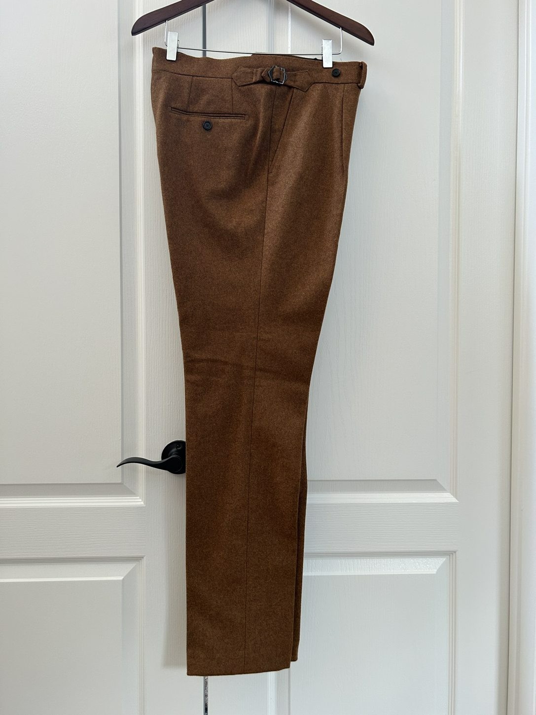 Spier & Mackay Slim Trousers 34x33 Brown Wool Flannel Single Pleat Side Adjuster