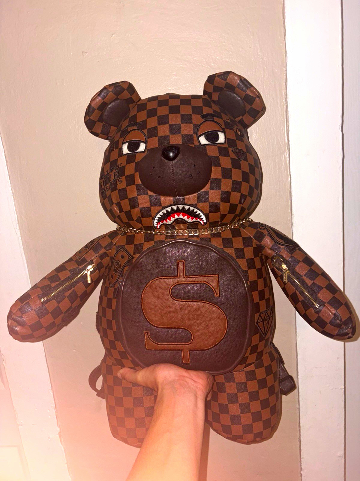 Sprayground Bear Checkered Backpack Brown/Black Faux Leather Zip