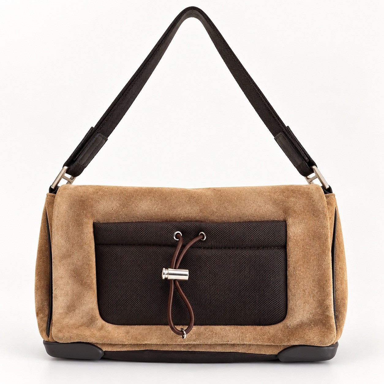 Vintage Prada Sport Brown Suede & Nylon Shoulder Bag with Authenticity Card