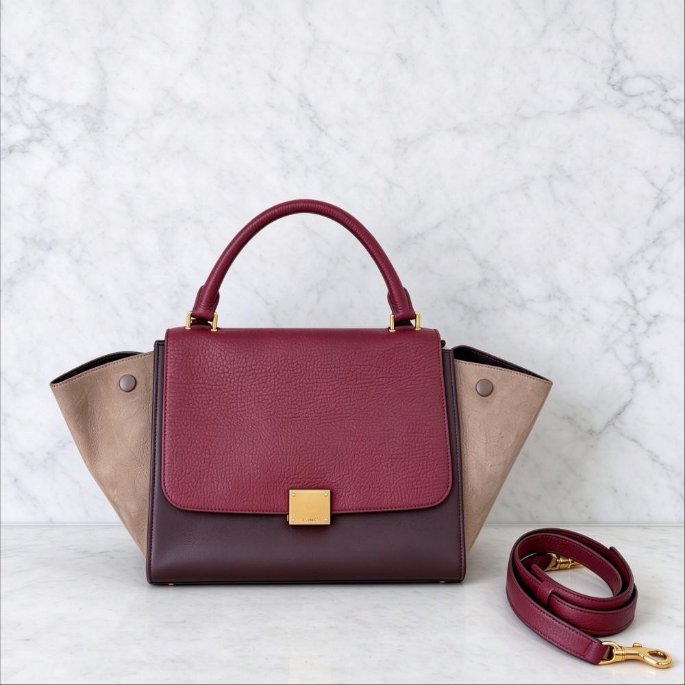 Auth Celine Trapeze Medium Burgundy Calfskin Beige Suede Top Handle Bag