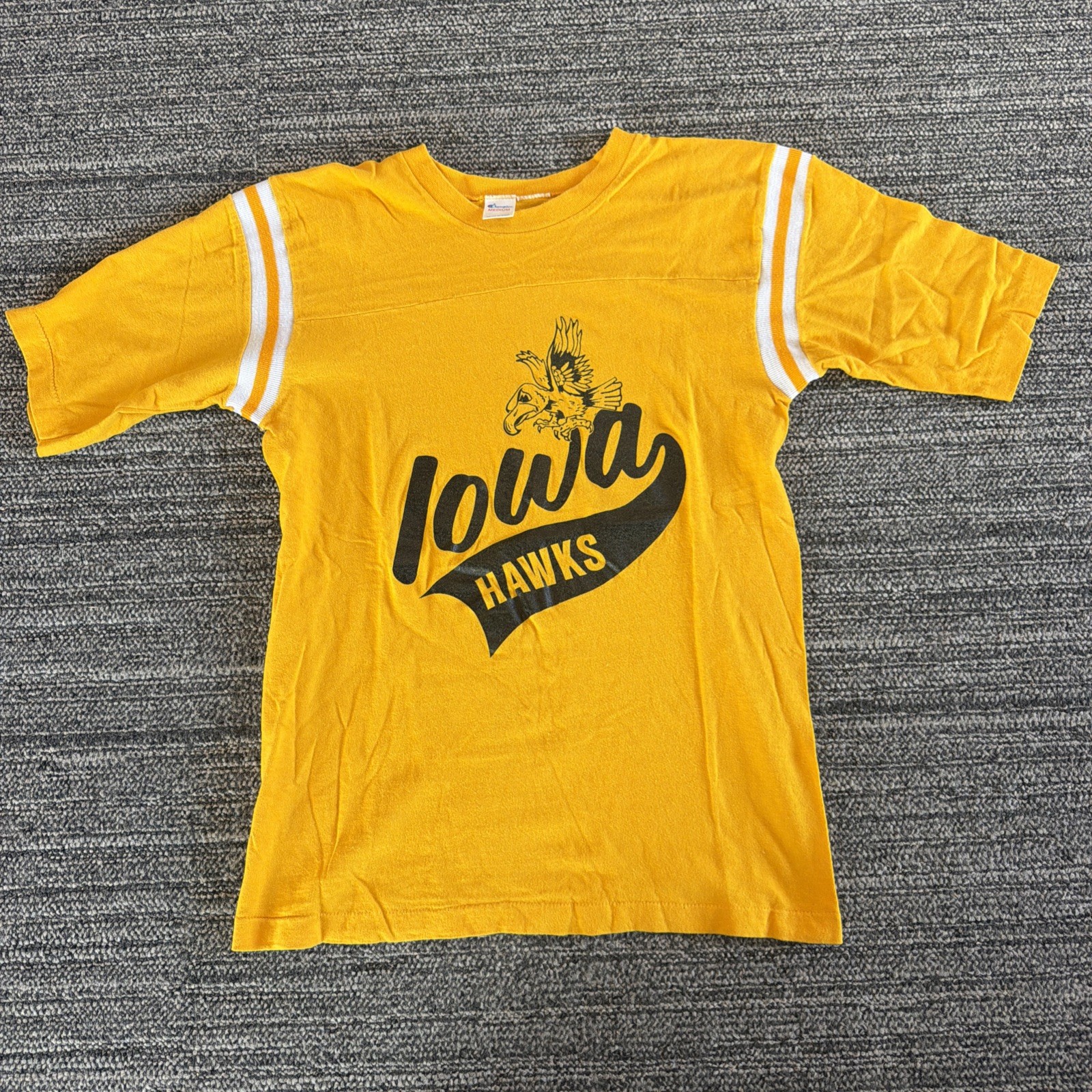 VTG 70s Champion Iowa Hawkeyes Hawks Yellow Jersey Stripe Shirt M Blue Bar USA