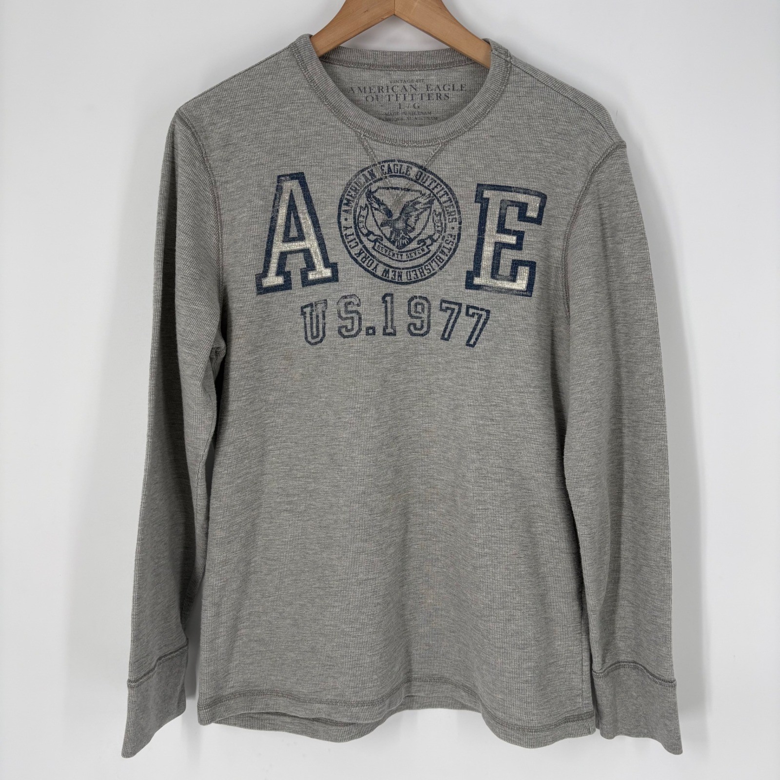 Y2K American Eagle Mens Gray Waffle Knit Thermal Graphic Long Sleeve Shirt L