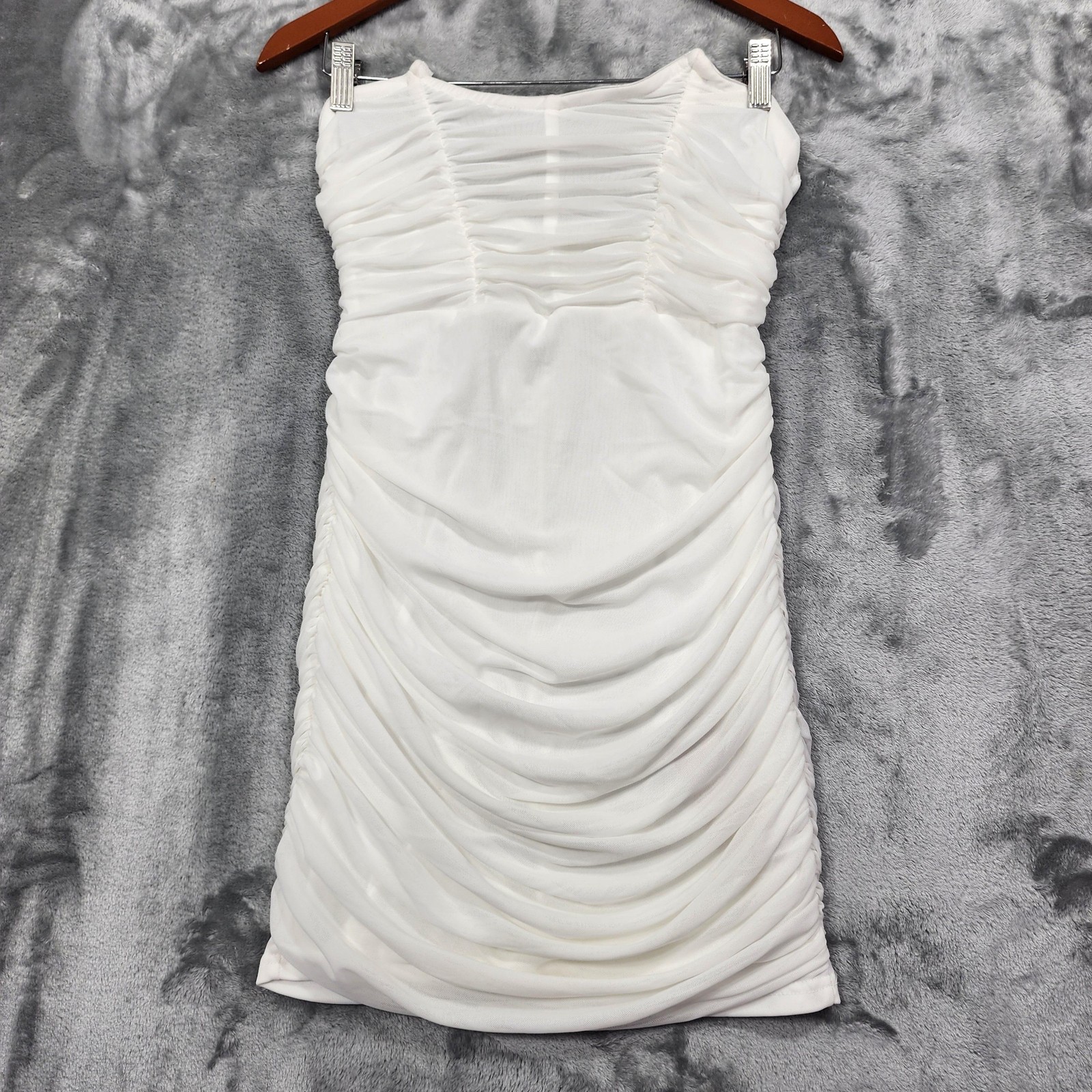NEW SheIn SXY Dress Womens L White Ruched Mesh Strapless Bodycon Mini Party