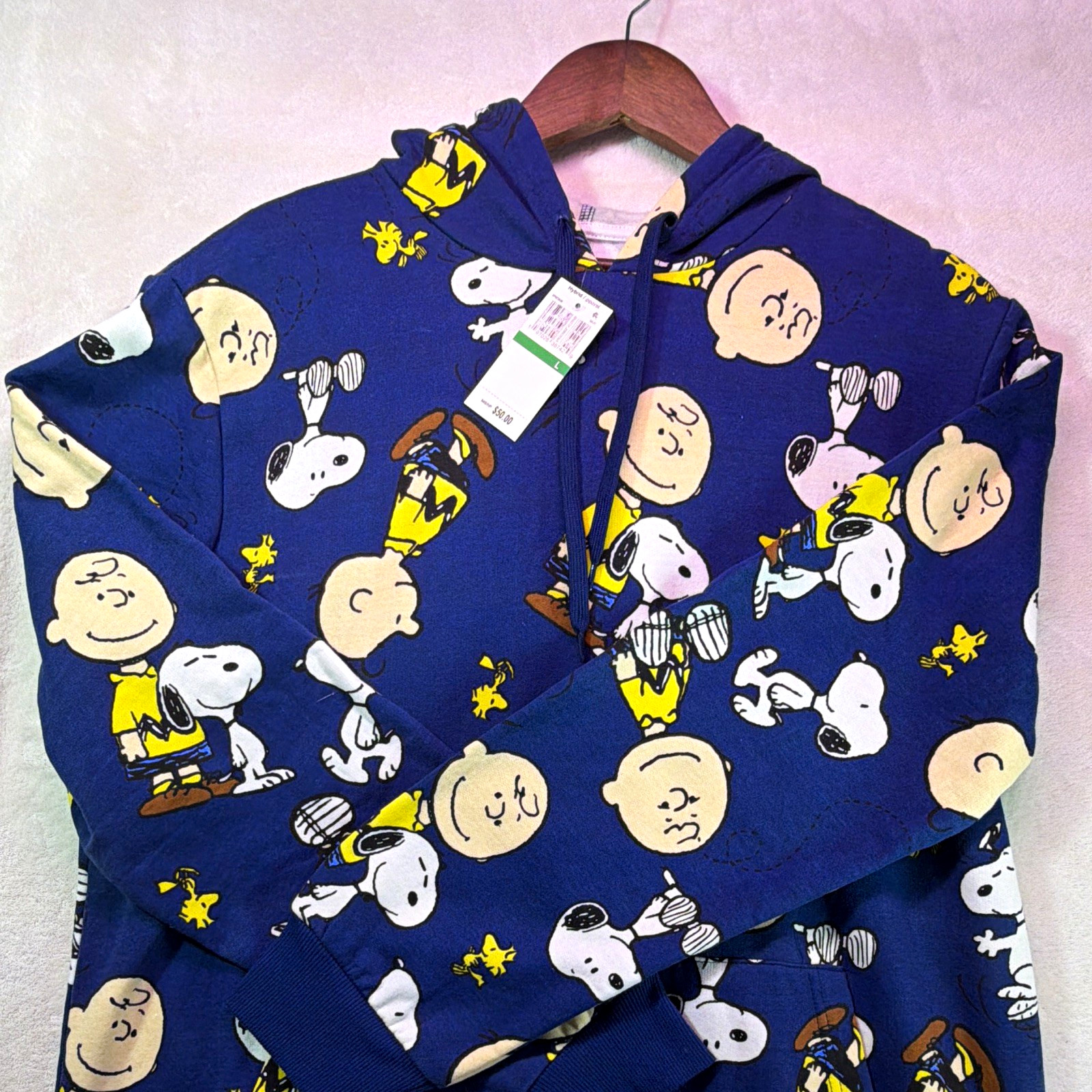 Peanuts Hybrid Apparel Womens L Blue Fleece Pullover Hoodie Snoopy Pockets NWT