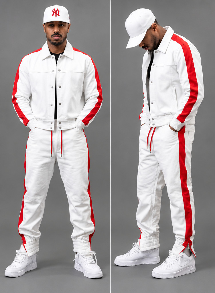 Men's Leather Tracksuit Set Jacket & Pants White Stripe 2 Piece Sporty Biker