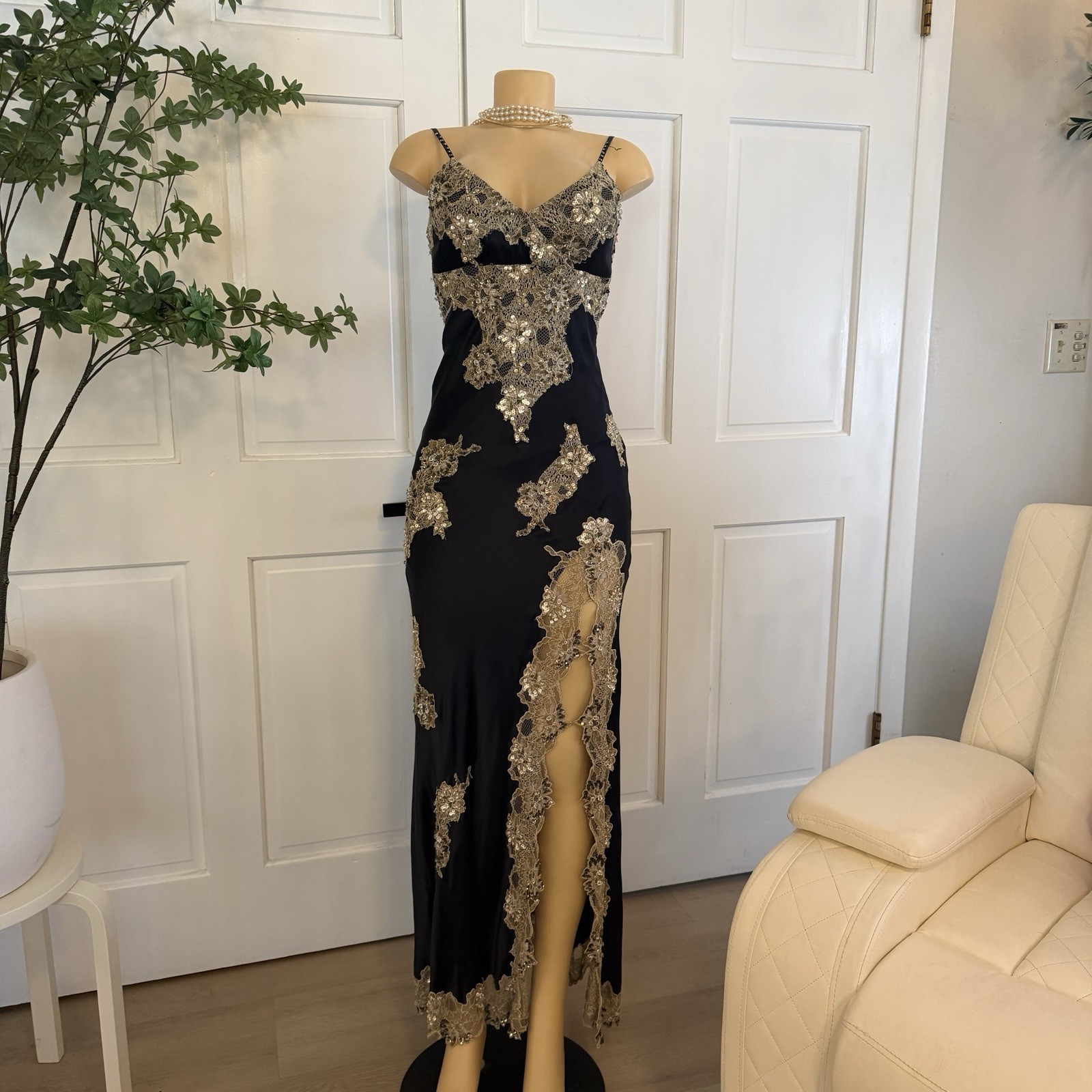 Silk Vintage Y2K Cache Black And Gold Beaded Lace Applique Sequin Maxi Dress