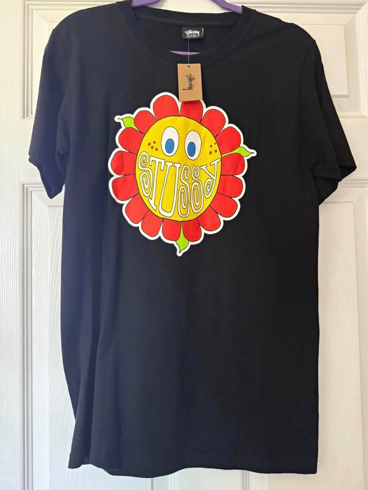 Stussy Happy Flower Tee Black Men’s S Short Sleeve Crew Neck Cotton Graphic