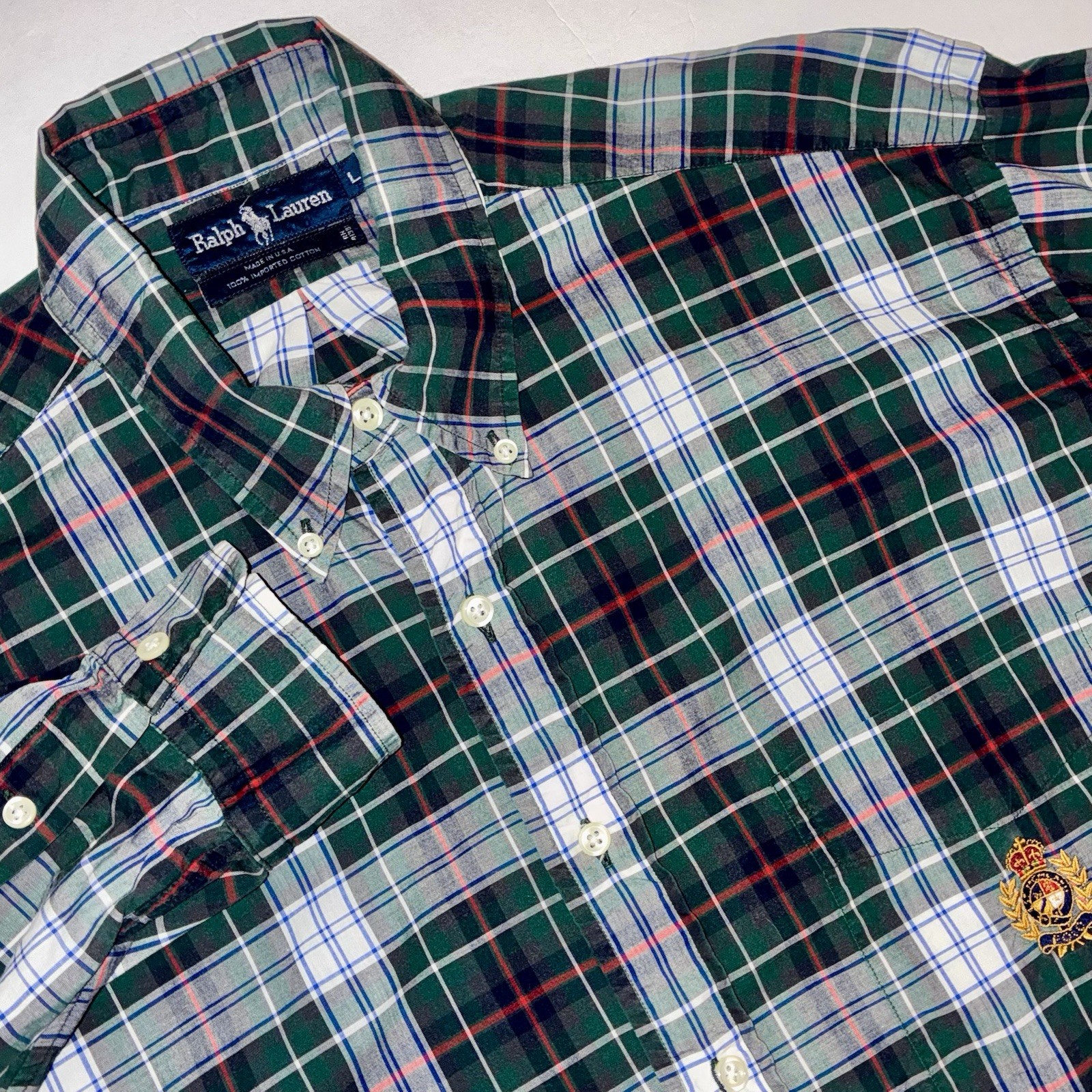VTG Ralph Lauren USA MADE Green Plaid ButtonDown Shirt GOLD CREST Crown Mens•L