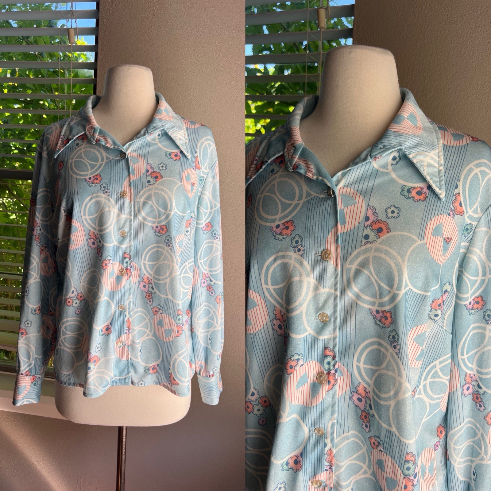 Vintage 60s 70s Top XL Womens Blue Floral Sharp Dagger Collar Long Sleeve Retro