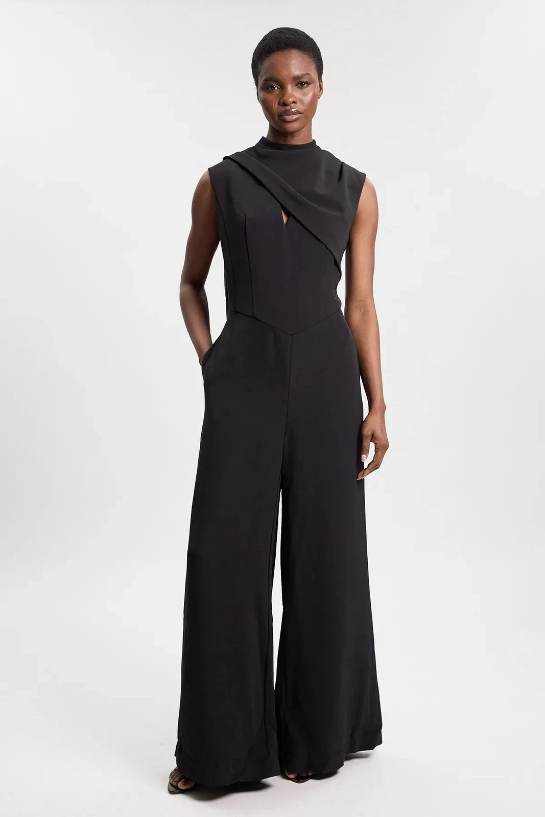 NEW Karen Millen Petite Tailored Crepe Cape Asymmetric Cape Neck Jumpsuit SZ 12