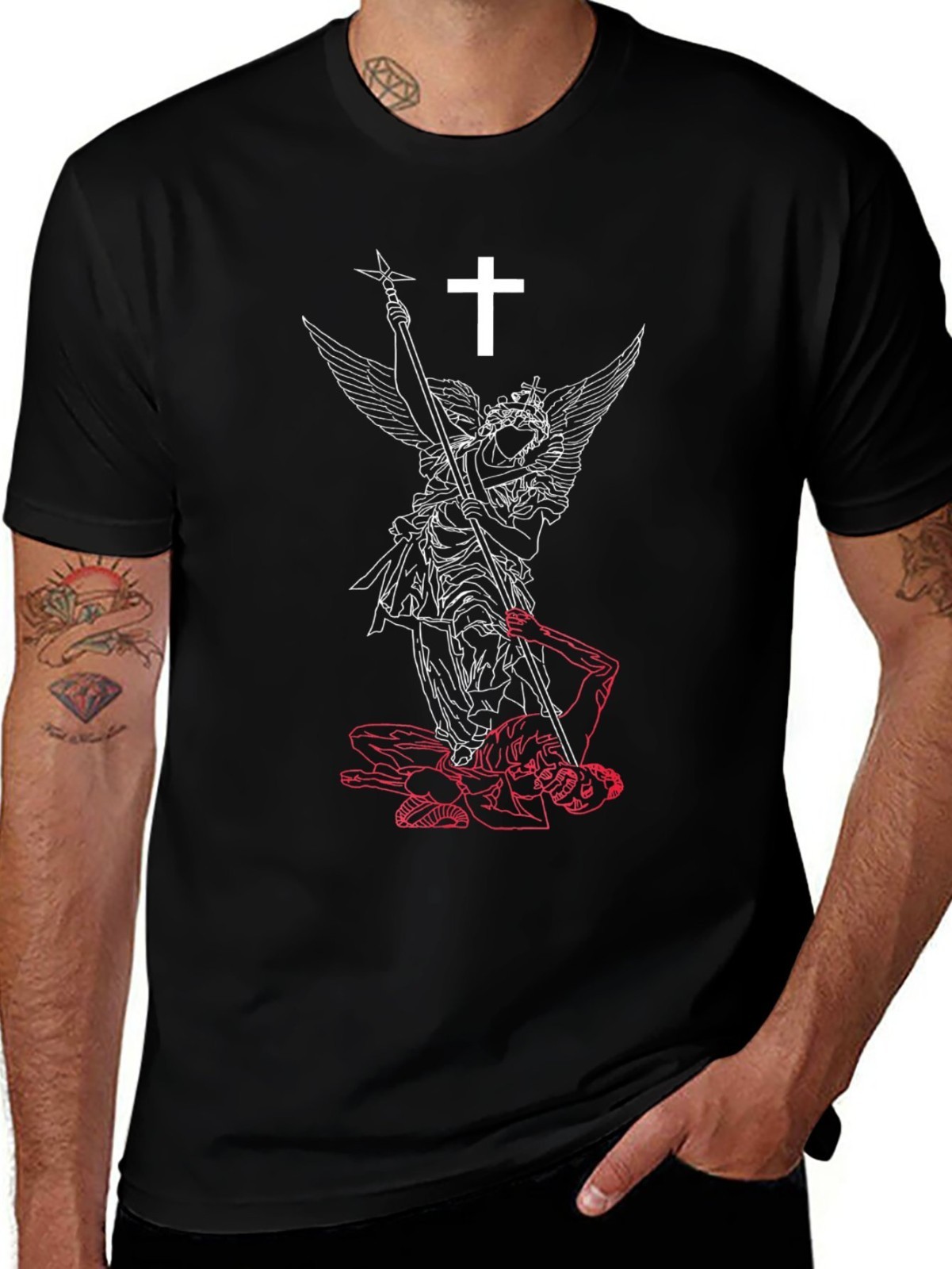 Saint Michael Archangel T-Shirt Mens Black Graphic Tee Christian Cross Faith Shi